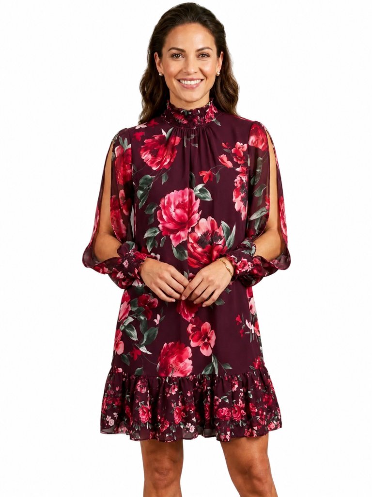 Alex Marie Burgundy Floral Mini Dress With Ruffle Hem